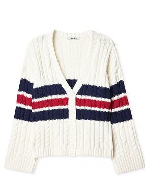 NA-KD Chunky Cream Cable-Knit Cardigan with Navy & Red Stripes